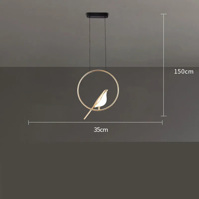 Tall modern magpie bird chandelier in zinc alloy and acrylic with neutral white LED light.