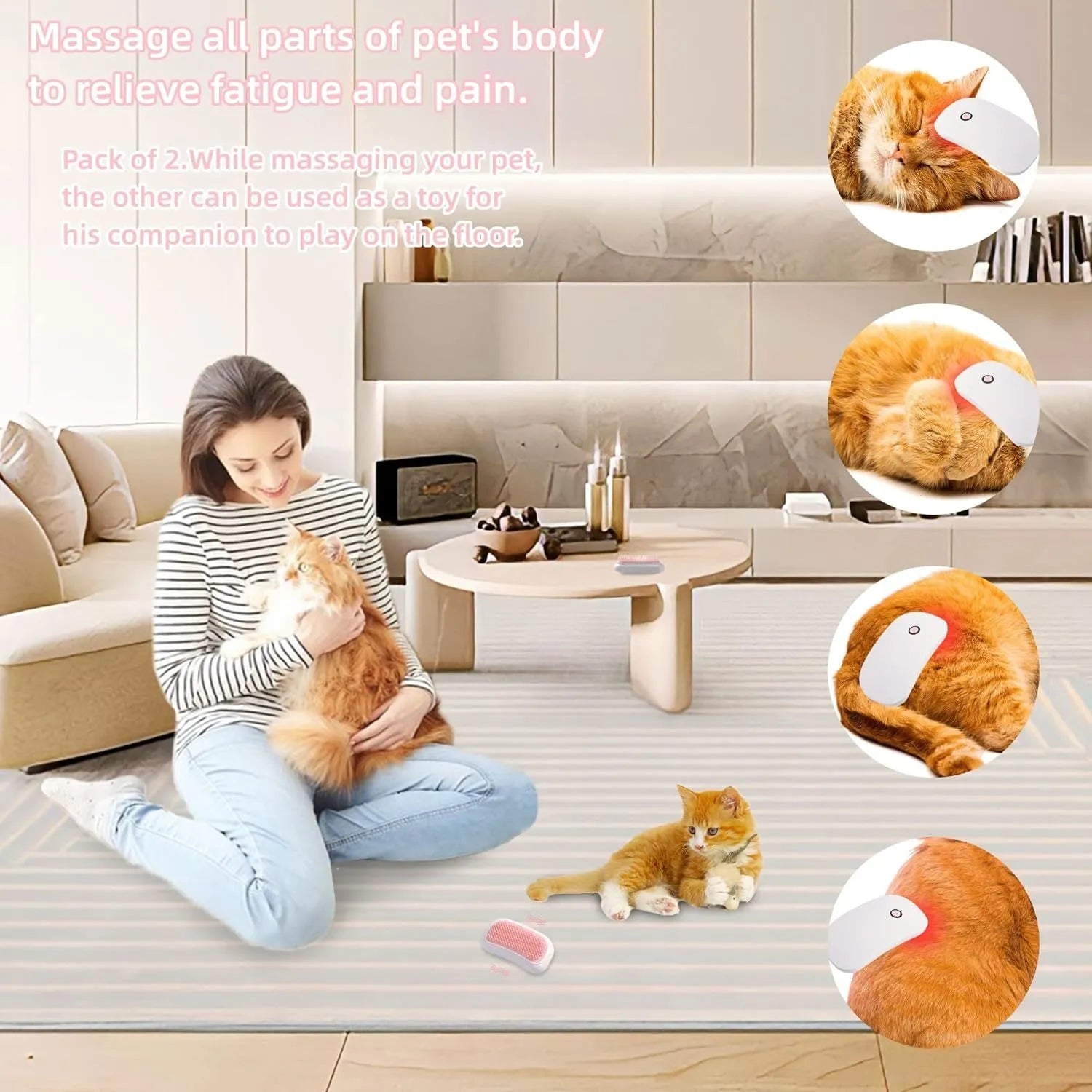 Pink handheld electric pet grooming brush with soft TPE teeth for cats and dogs.