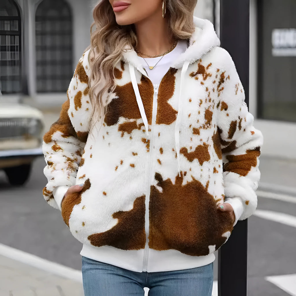 Yellow-brown animal print hooded zip-up cardigan jacket with regular sleeves