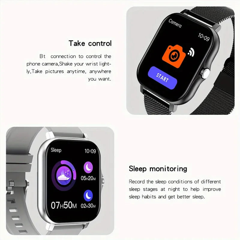 Smart watch with 144-inch touchscreen display showing health metrics and call functions