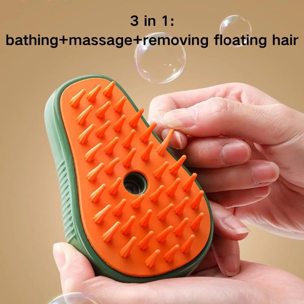 Green and white 3-in-1 cat steam brush with silicone bristles and water spray nozzle.