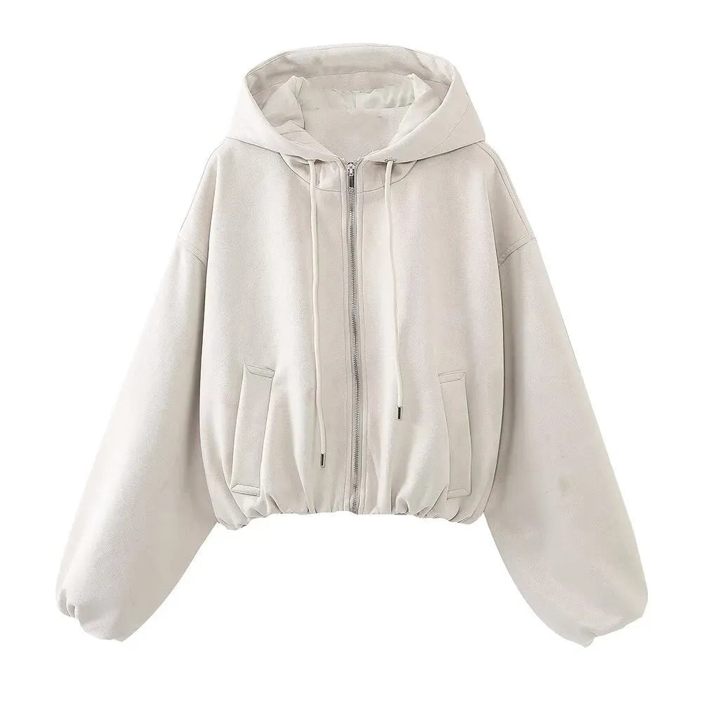 Women's suede hooded jacket in white and black colours showing casual styling
