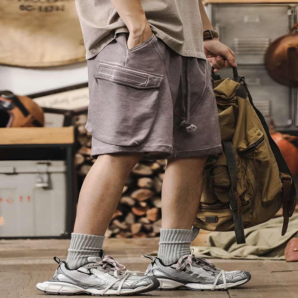 Men's cotton workwear shorts in dirty purple and dirty grey, straight leg, fifth length, sizes S to 4XL