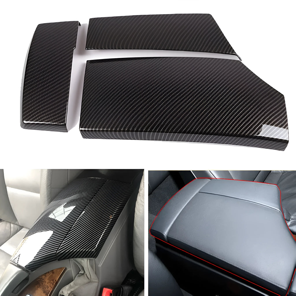 Three black ABS car armrest protective covers with a shiny diagonal carbon fibre weave pattern.