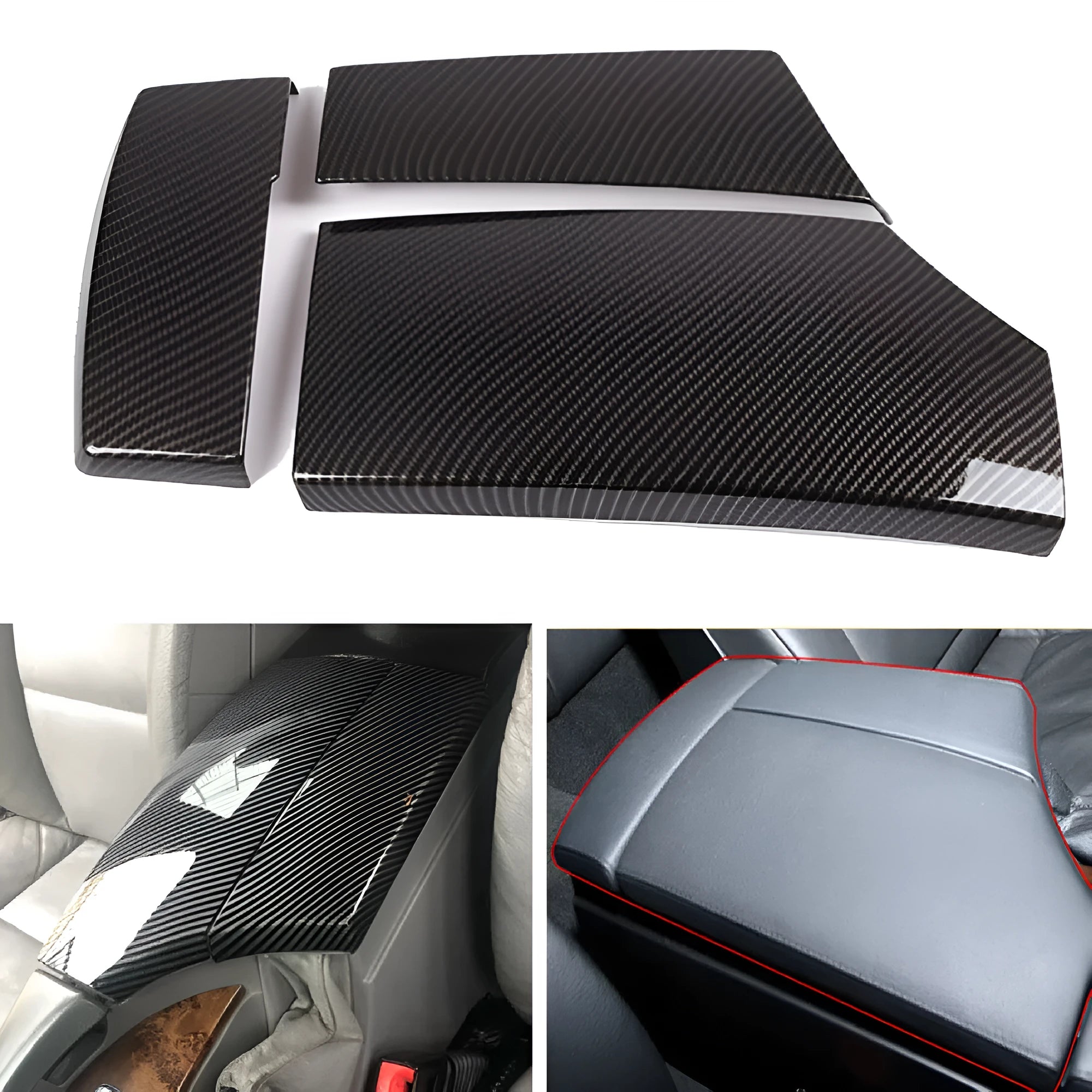 Three black ABS car armrest protective covers with a shiny diagonal carbon fibre weave pattern.