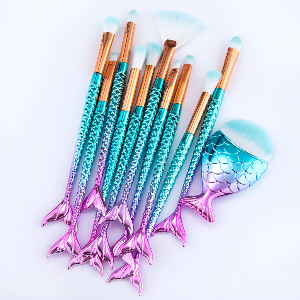 11-piece mermaid makeup brush kit with synthetic bristles, angled and tapered shapes