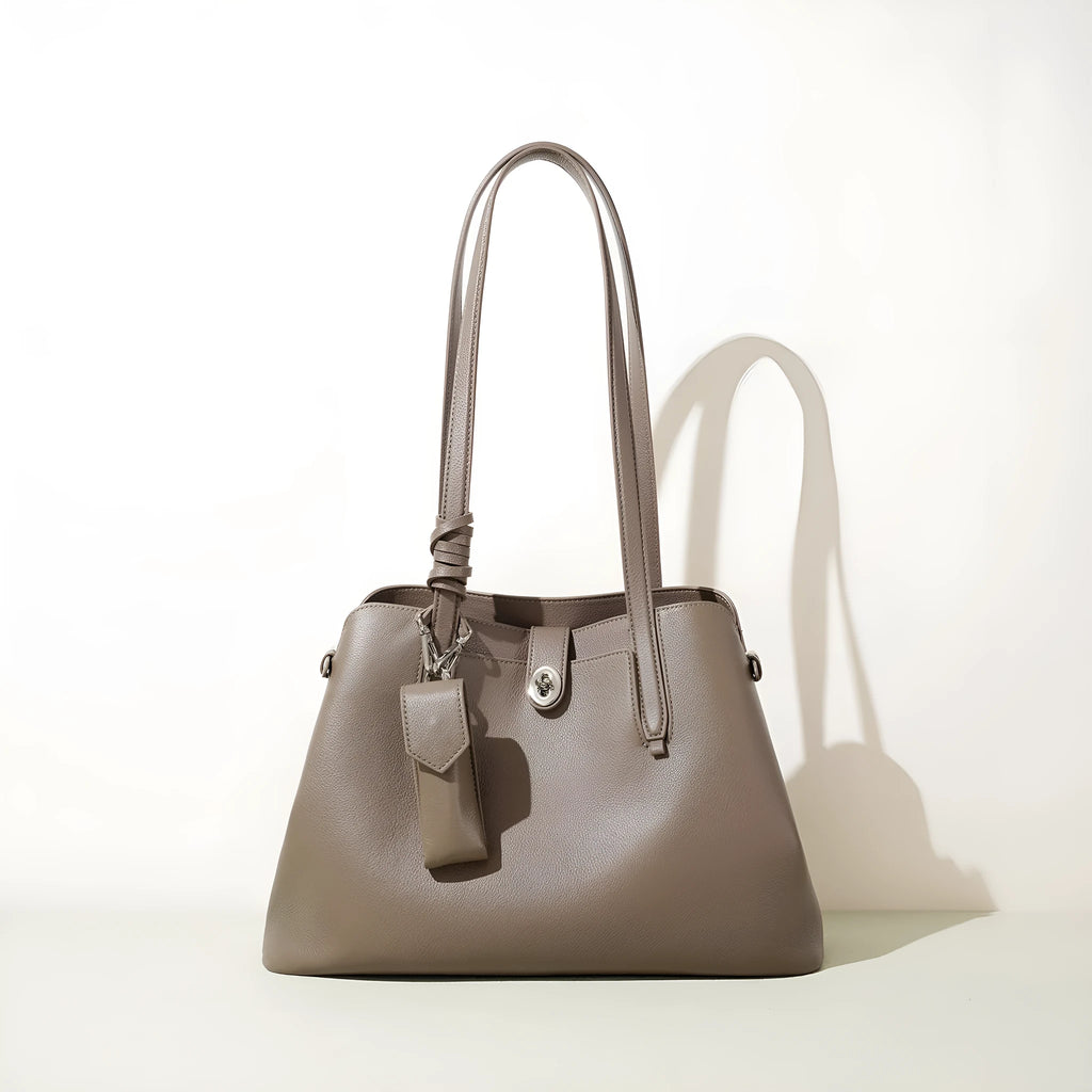 Large capacity genuine leather bucket bag for women in elephant grey or black with top grain cowhide and inner pockets