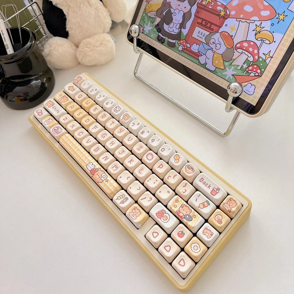 Rabbit Bear Restaurant themed PBT keycap set with EOA height profile, showing 140 colourful keycaps with sublimated designs.