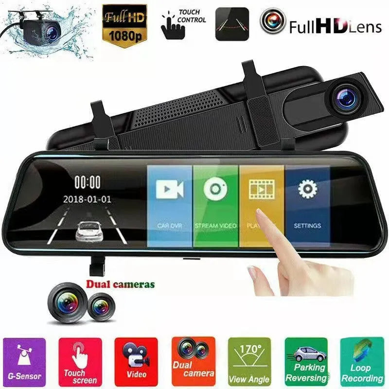 Streaming media electronic rearview mirror with dual lens front and rear cameras and night vision, 10 inch or 12 inch screen