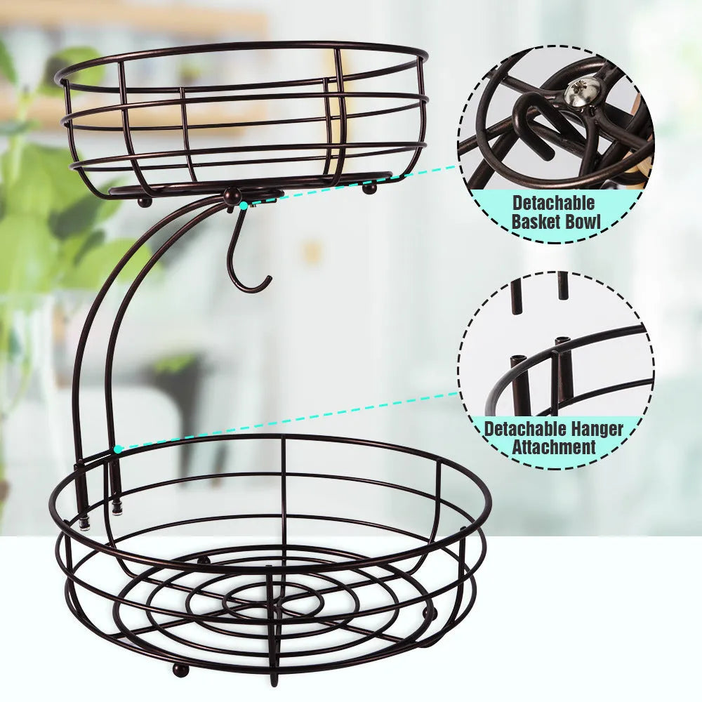 Black and gold wrought iron double-layer fruit storage basket for restaurant kitchen