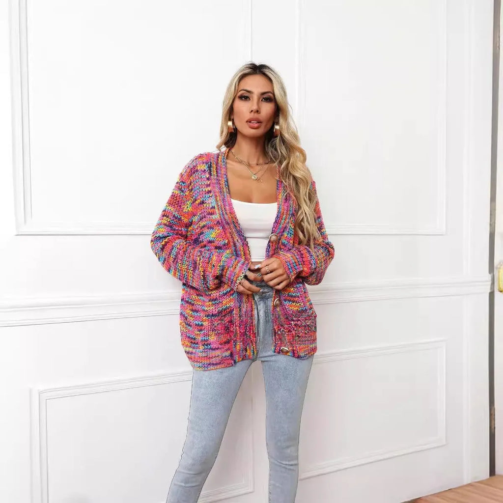 Rose red rainbow striped loose cardigan knitted coat shown on model