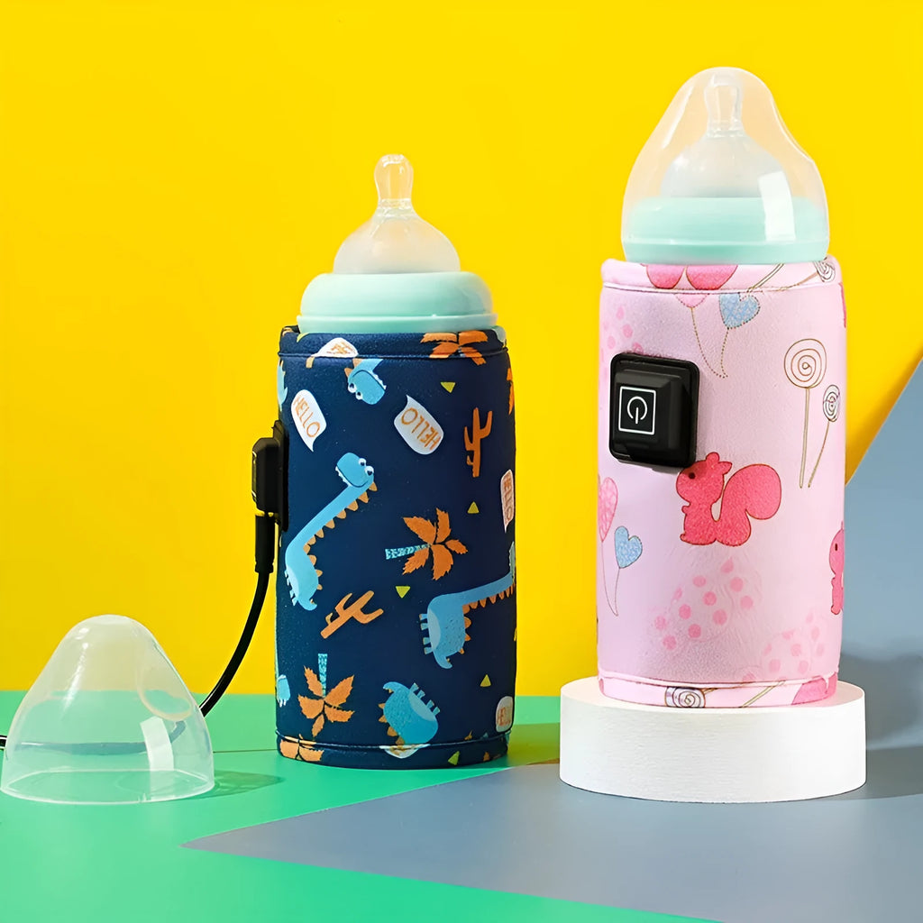 USB baby bottle warmer and cooler bag in blue dinosaur design with composite velvet construction