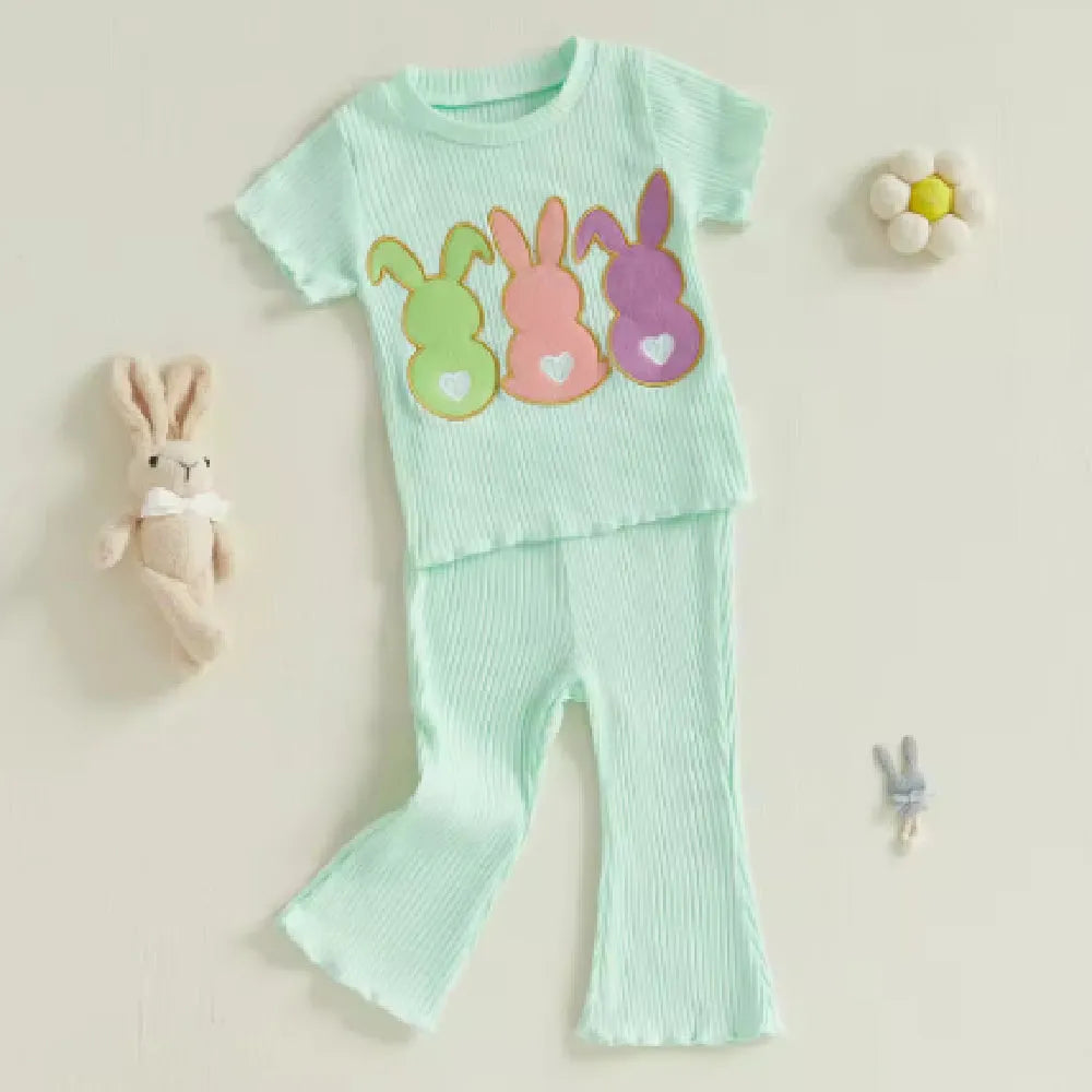 Baby girl cotton short-sleeve bell-bottom pants set with rabbit embroidery in light yellow