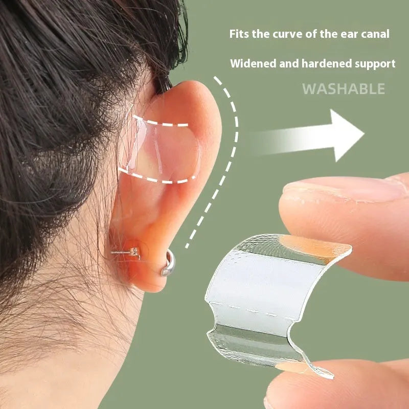Transparent TPU ear support patches showing frosted and clear options with adhesive backing