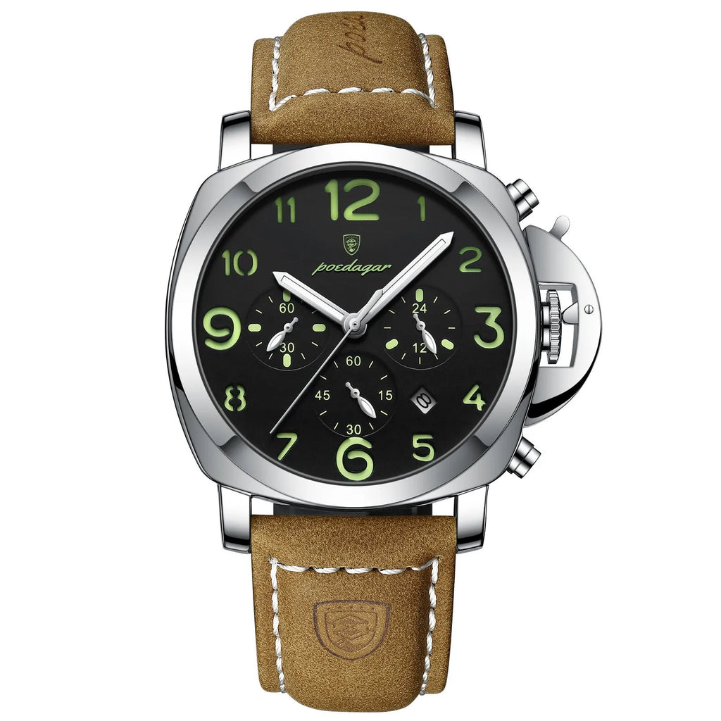 Men's casual sports watch with round dial, real leather strap, and mineral glass in silver case black dial style