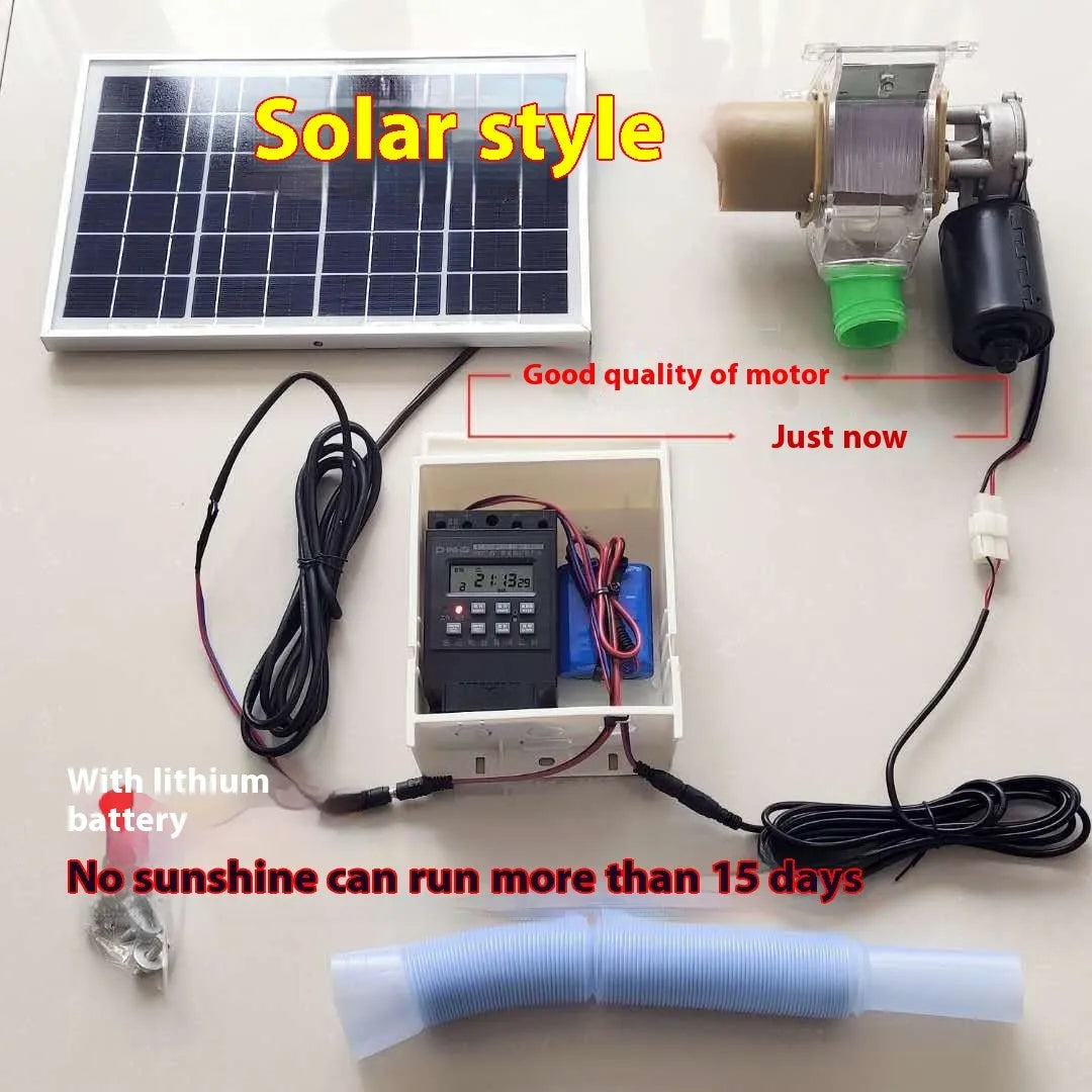 Automatic chicken and duck feeding machine with solar panel and watertight caisson design