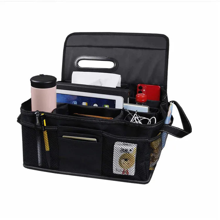 Black oxford cloth car trunk storage box with 33cm width and depth, 16cm height.