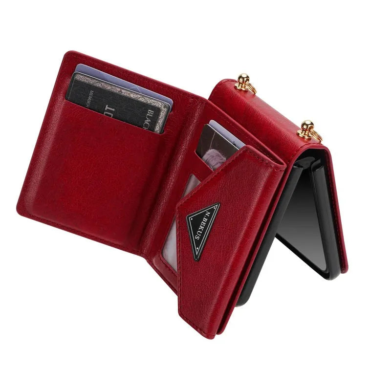Samsung Flip5 phone case with side zipper card holder and bracket in black PU