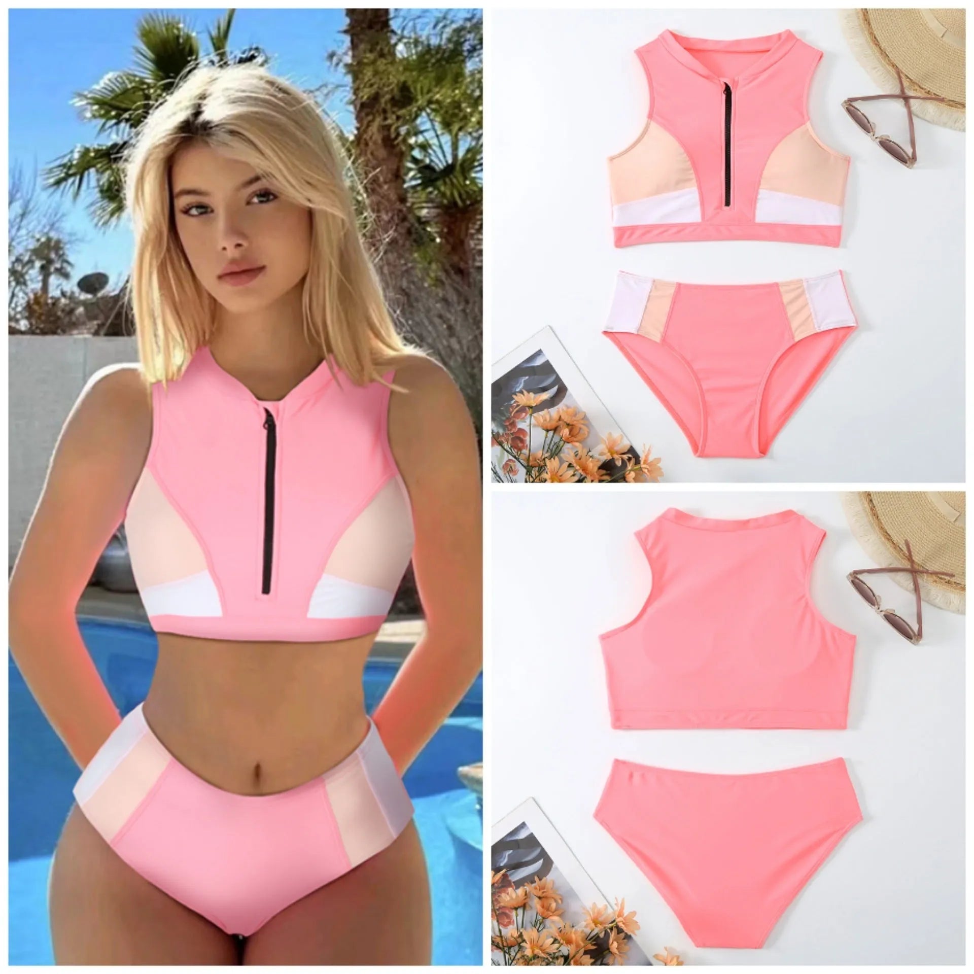 Pink high waisted bikini swimsuit with brief style and split cut design
