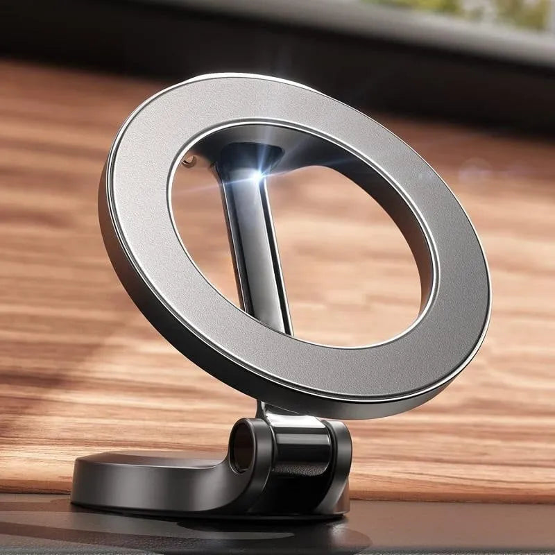 All-metal magnetic car phone mount in Qian colour, shown folded and unfolded on a car dashboard.