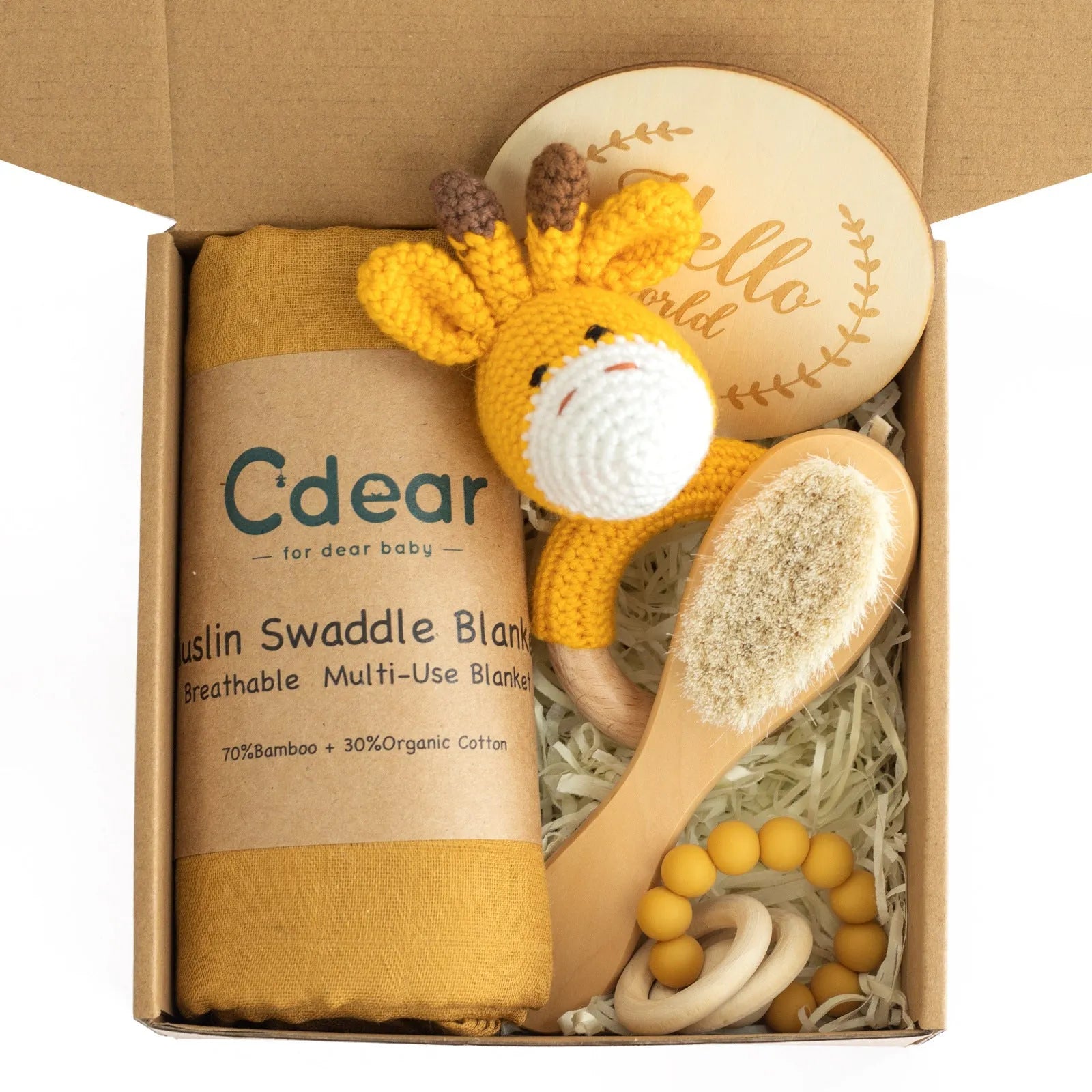 Baby teething toy set with bamboo blanket, wooden teether, bell, tyre brush and milestone for infant development