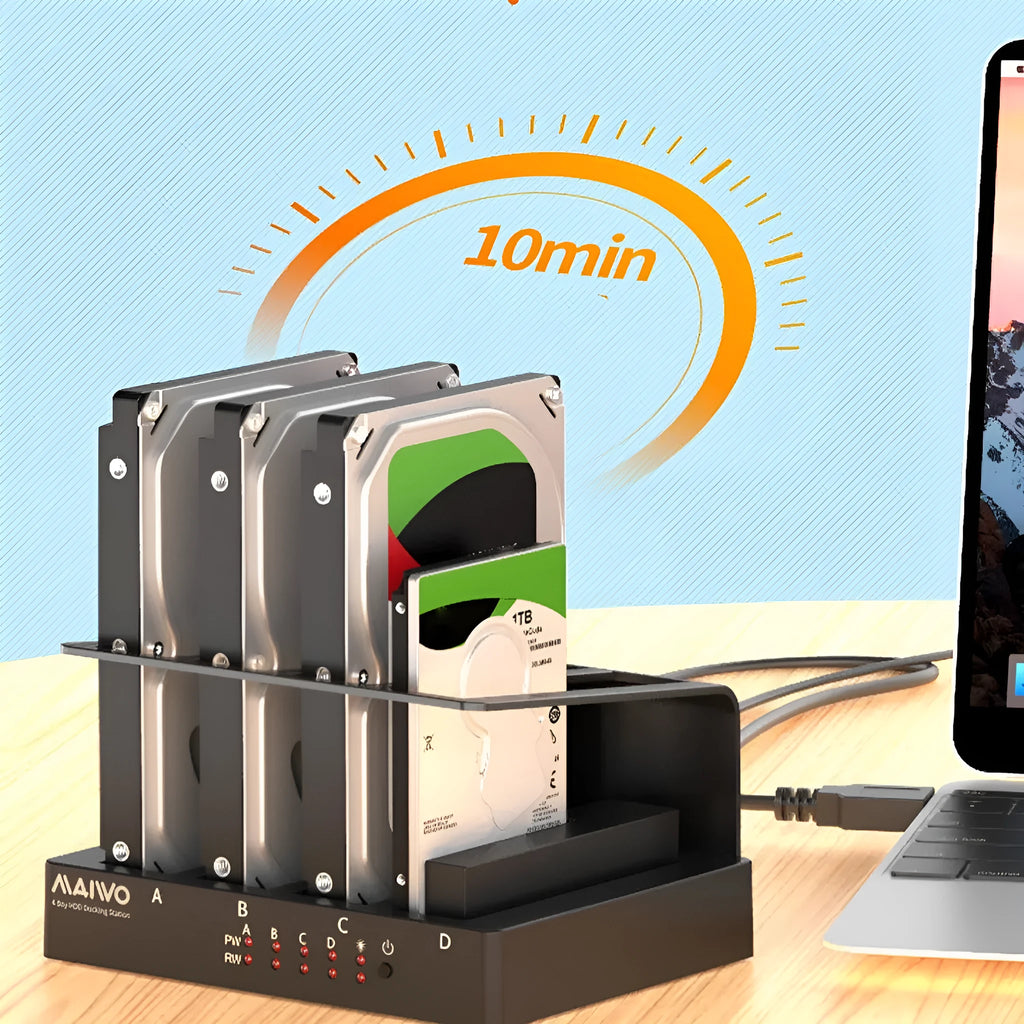 External four-bay 2.5-inch hard drive enclosure with USB 3.0 cable and power adapter
