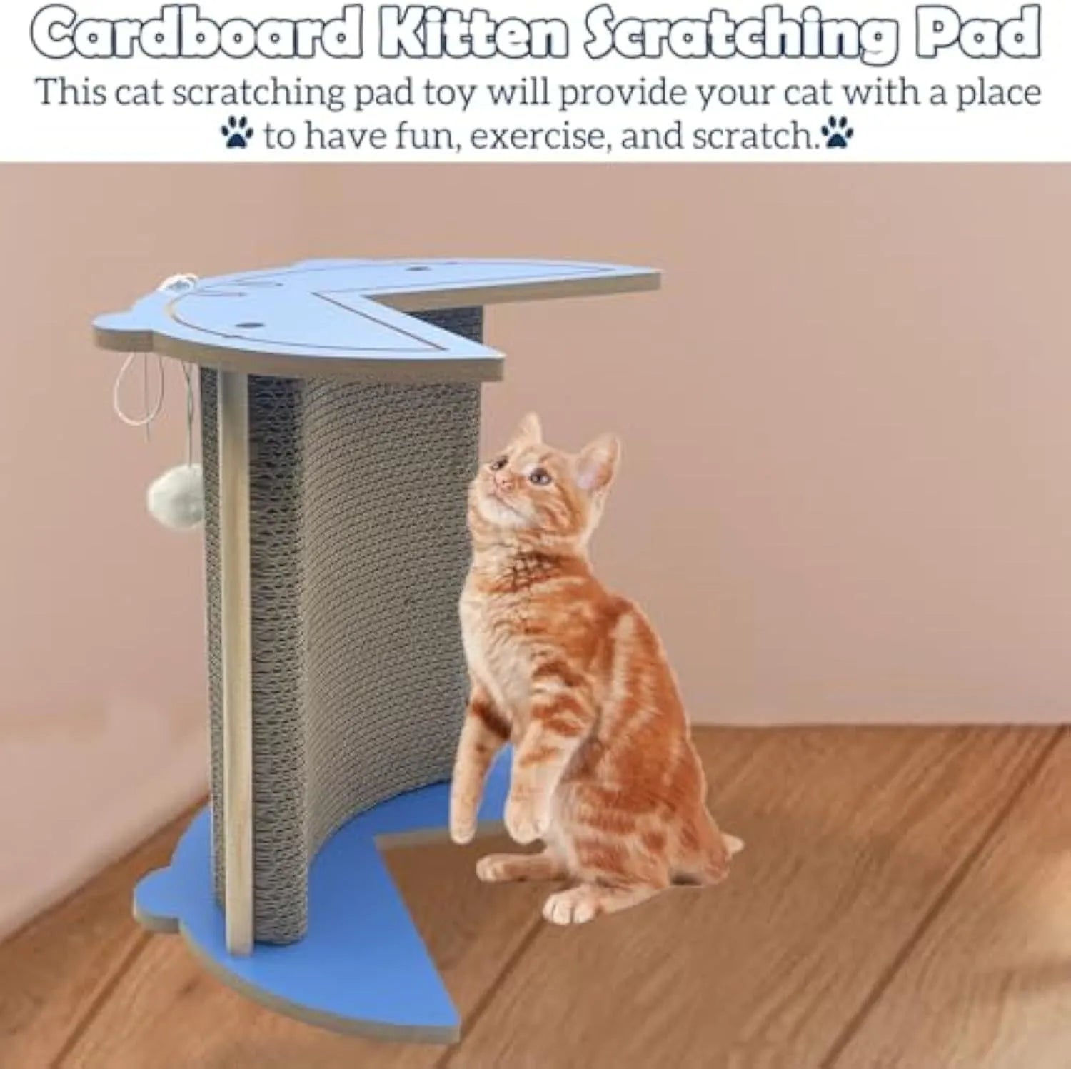 Triangular cardboard cat scratching pad positioned in room corner with hanging ball