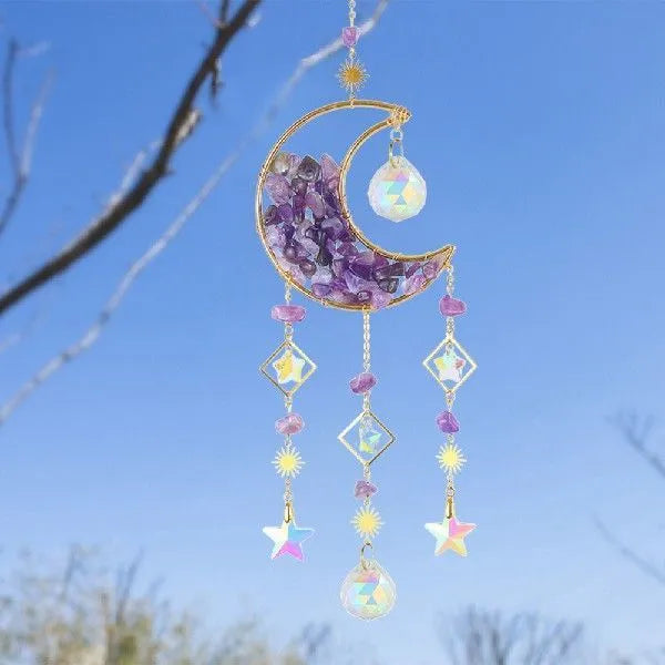 K9 crystal moon-shaped car pendant on a long metal chain, shown in blue colour option.