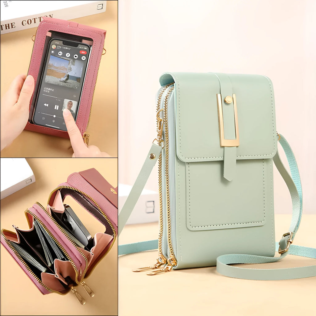 Women's transparent crossbody shoulder bag in PU material with touch screen phone capability, available in multiple colours