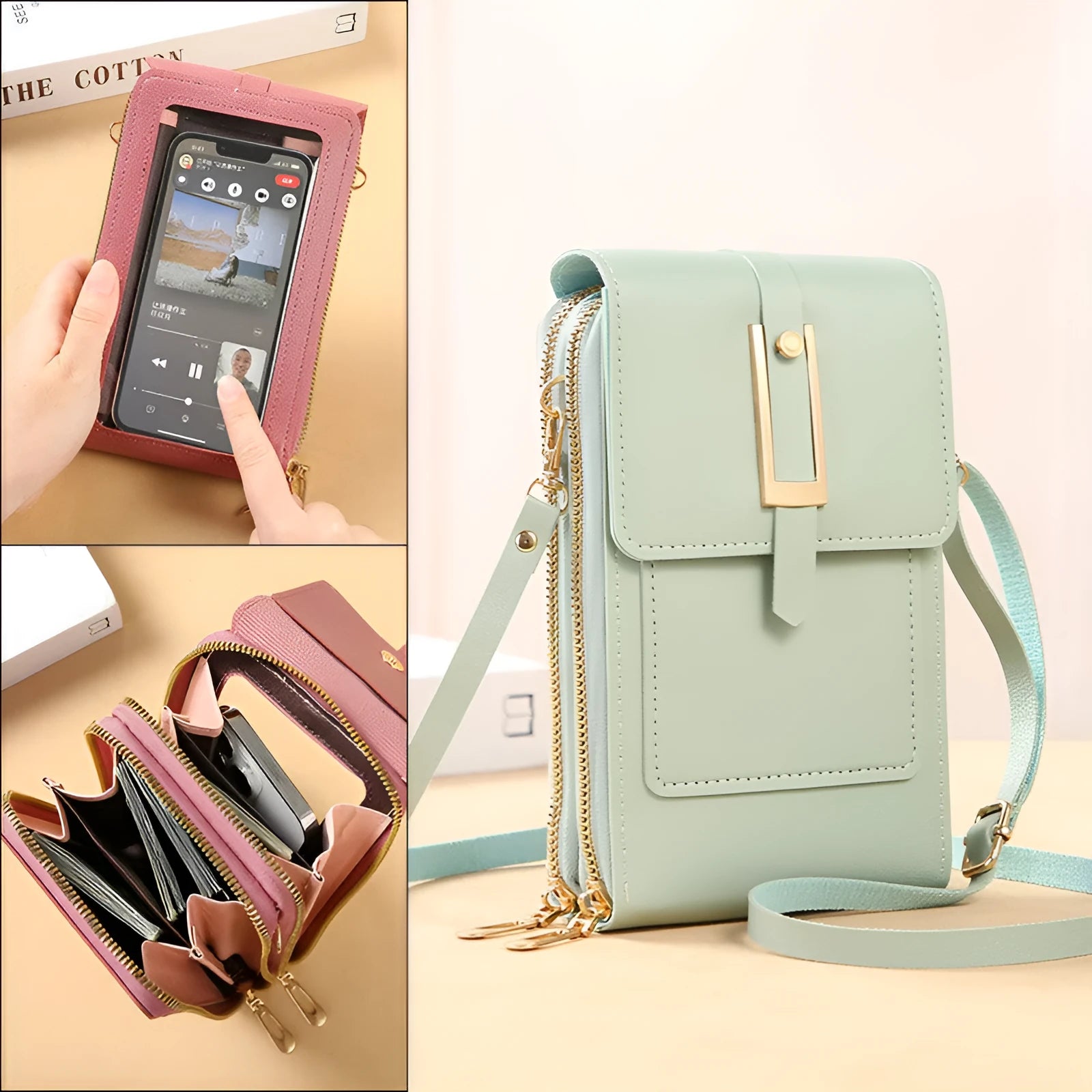 Women's transparent crossbody shoulder bag in PU material with touch screen phone capability, available in multiple colours
