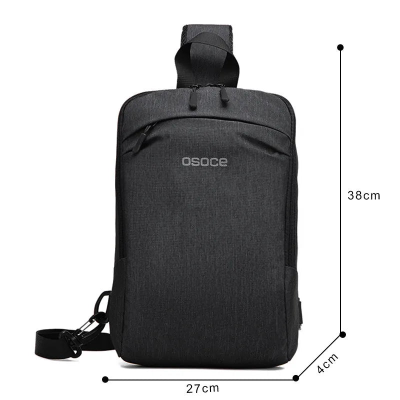 Trendy men's chest bag in polyester embossed finish with zipper and soft handle, 22x9x34cm size
