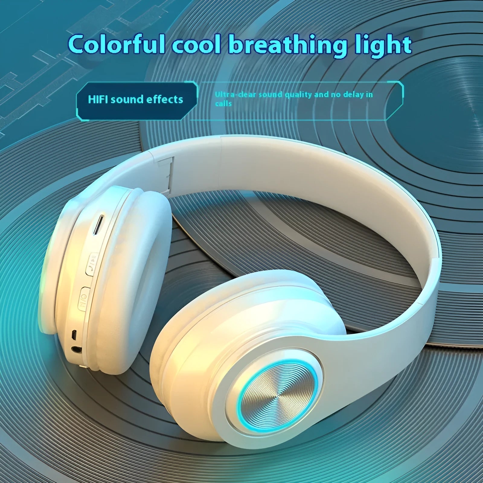 Black wireless over-ear Bluetooth gaming headset with LED breathing lights on the earcups.