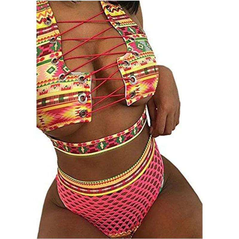 Women's cross-strap fishnet bikini set with high-waist briefs in multicolour checkered pattern