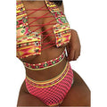 Women's cross-strap fishnet bikini set with high-waist briefs in multicolour checkered pattern