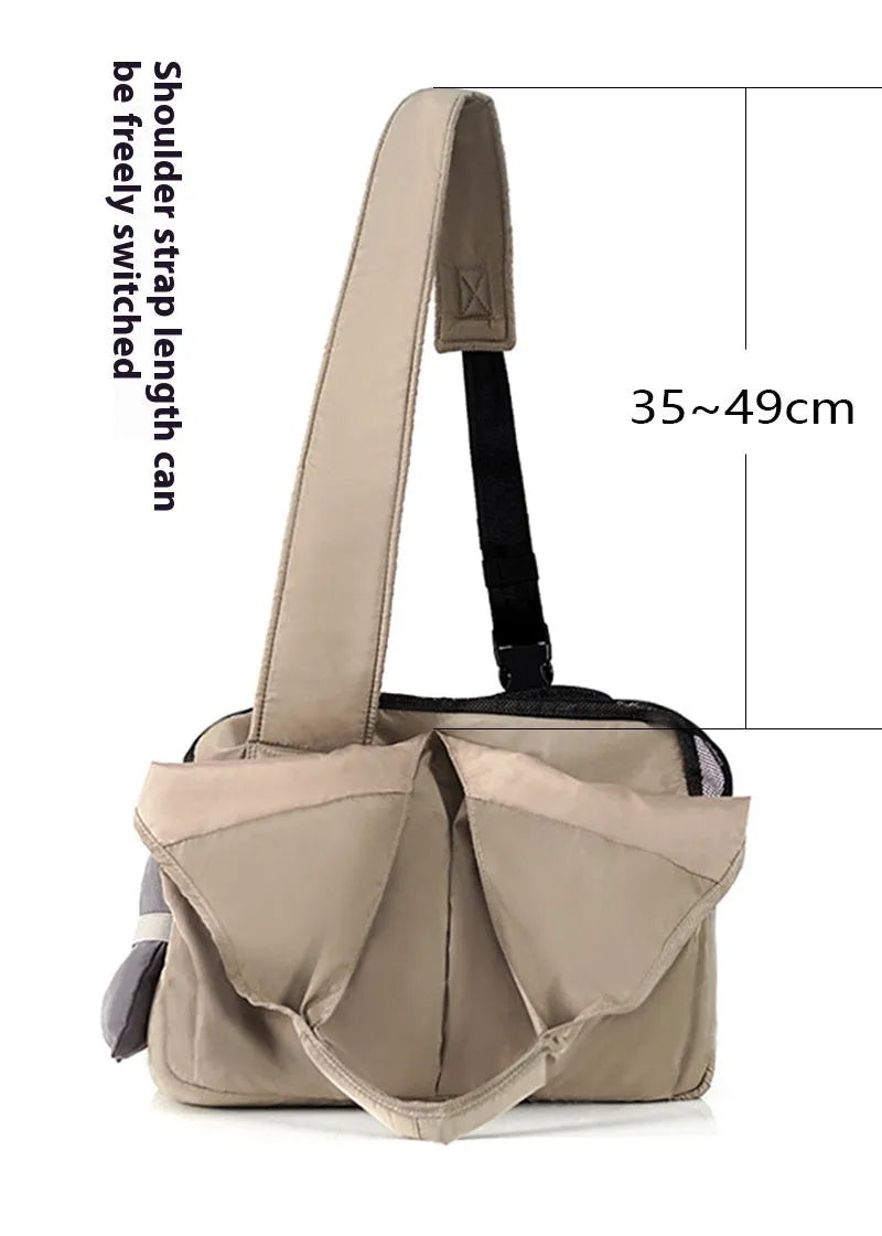 Apricot coloured cloth pet handbag with dimensions 41cm by 16cm by 28cm