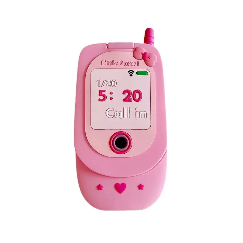 A light pink silicone iPhone case shaped like a flip phone with a built-in mirror on the front.