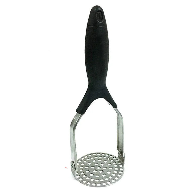 Manual potato masher with flower-shaped iron plated head and wooden handle on white background
