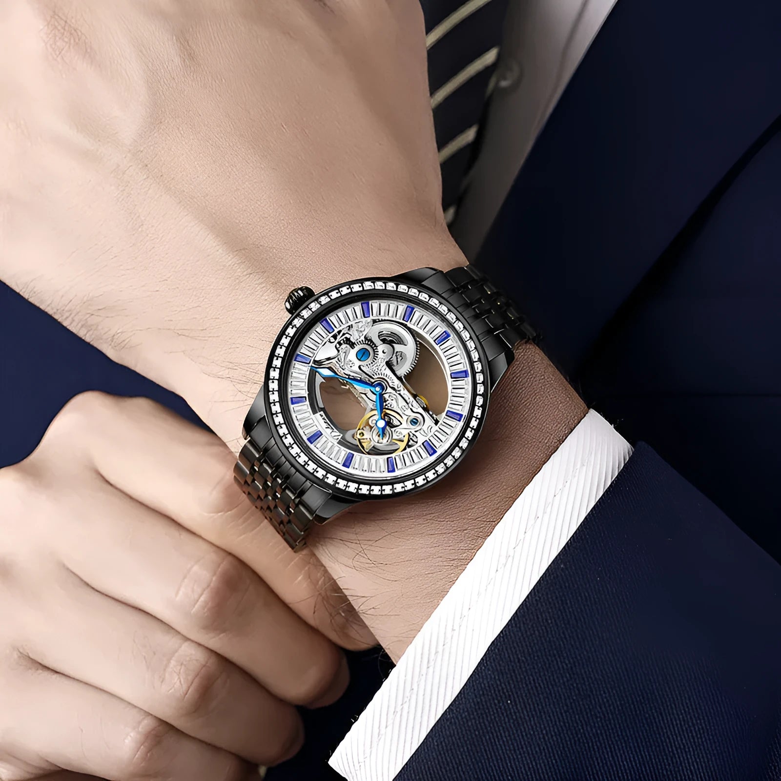 Men's zircon mechanical watch with transparent case back showing movement