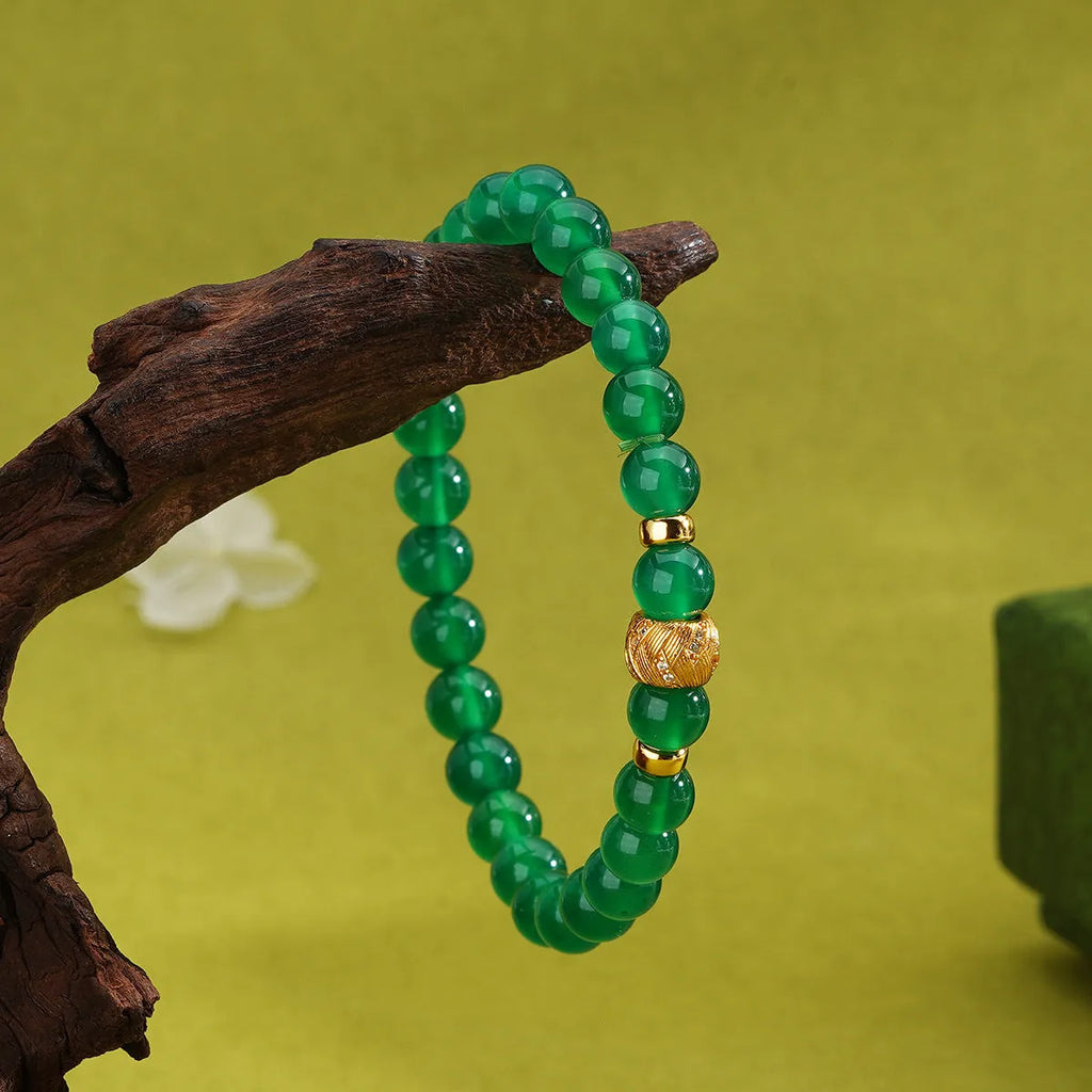 Green agate and S925 sterling silver bracelet with 6mm beads and yellow gold electroplated finish.
