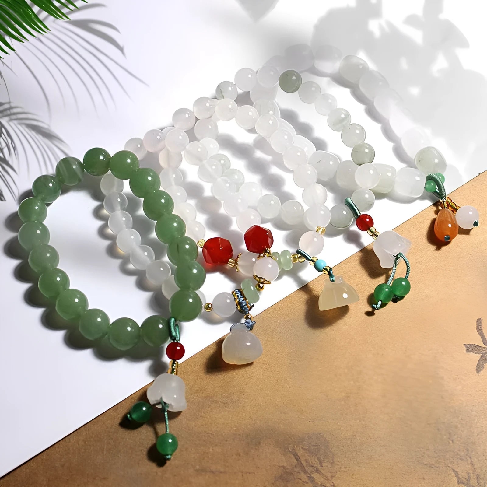 Natural white agate round beads bracelet with Chinese geometric lily pattern
