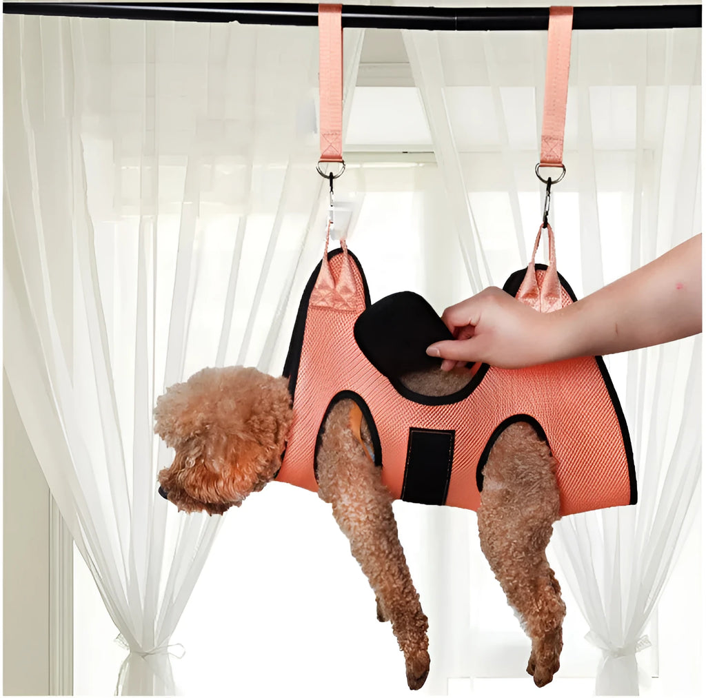 Cat secured in a hammock-style grooming restraint bag for nail cutting or bathing.