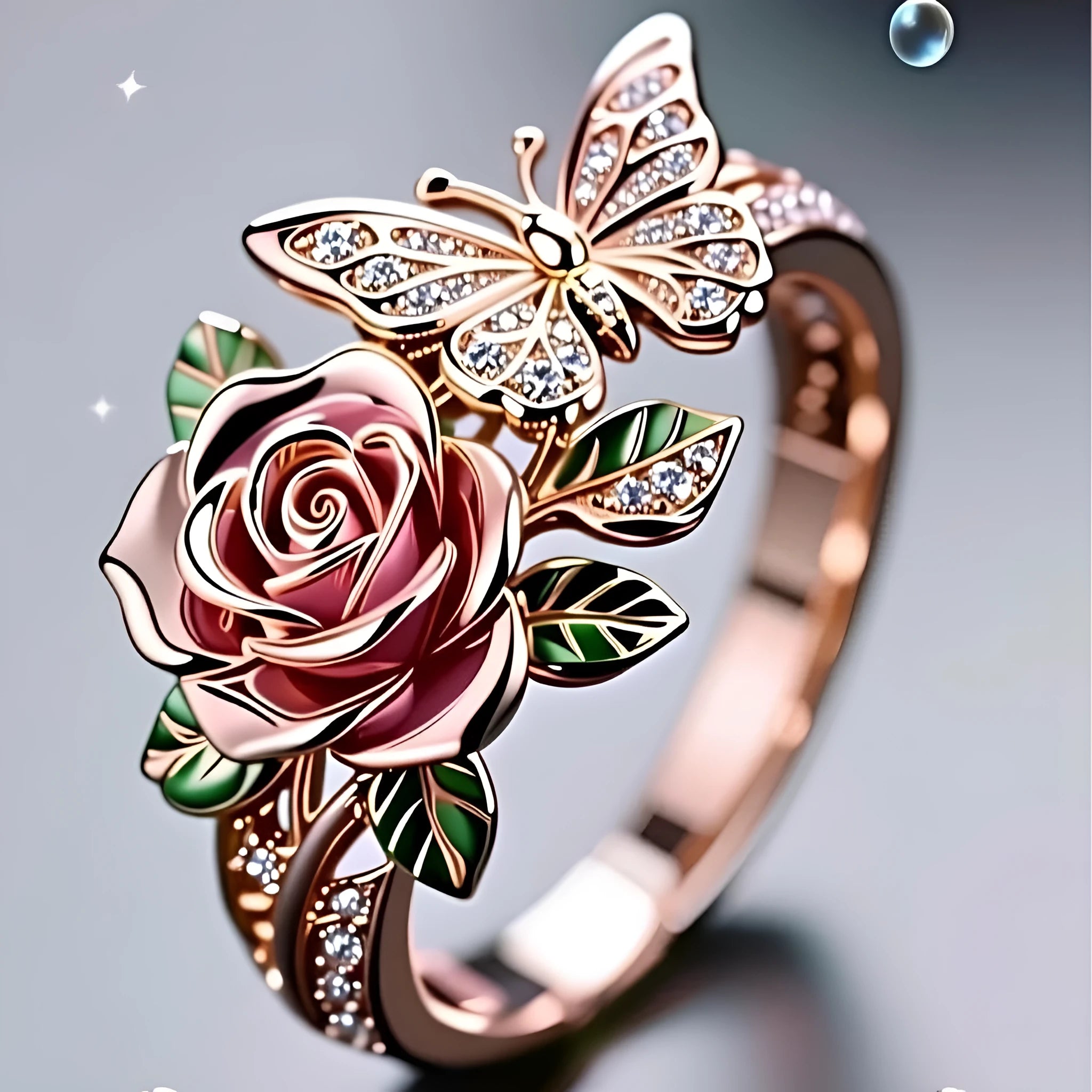 Adjustable oil-drop effect butterfly personality ring in fairy style with floral insect leaf motifs