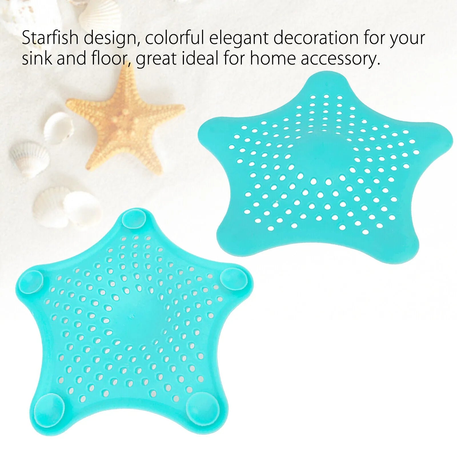 Three silicone starfish-shaped sink drain filters in white blue and green with suction cups