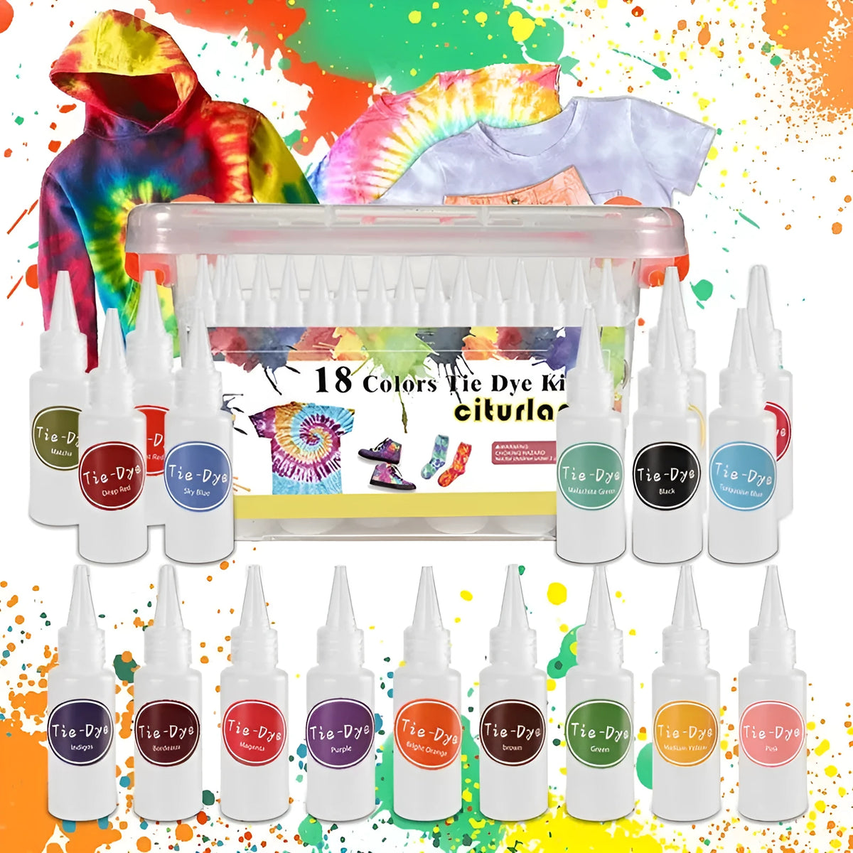 Children's 18 colour tie dye powder set with 30ml bottles, accessories and storage box