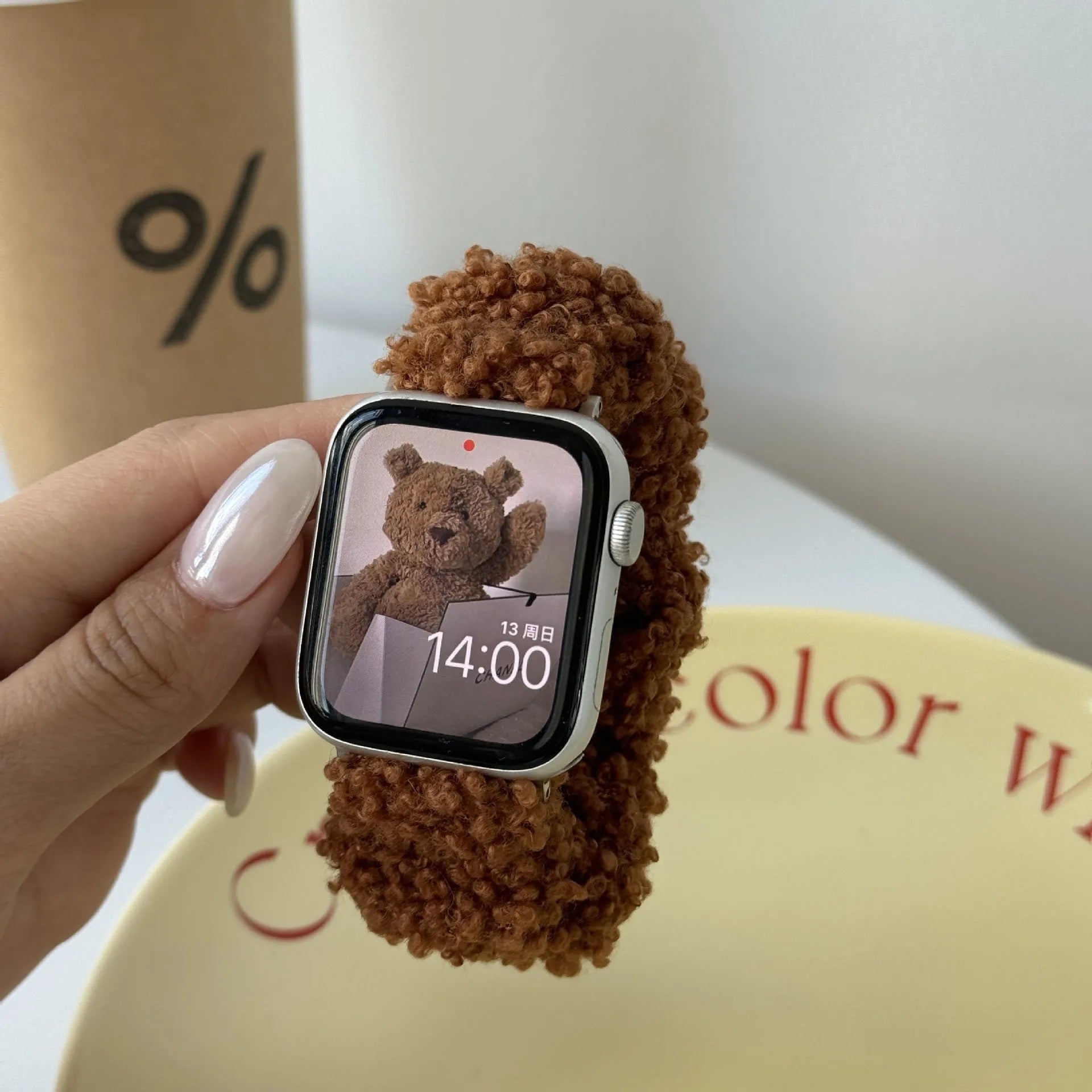 Teddy plush elastic hair ring watch strap for Apple Watch 38mm to 49mm in brown, rose pink, and white