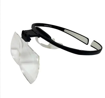 Head-mounted magnifying glass with large lenses on a black TR90 frame, shown with adjustable nose pad.
