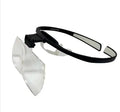 Head-mounted magnifying glass with large lenses on a black TR90 frame, shown with adjustable nose pad.