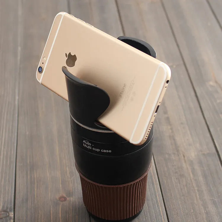 Car multifunctional cup holder and navigation mount organiser in black, brown, pink, green, or blue colours.