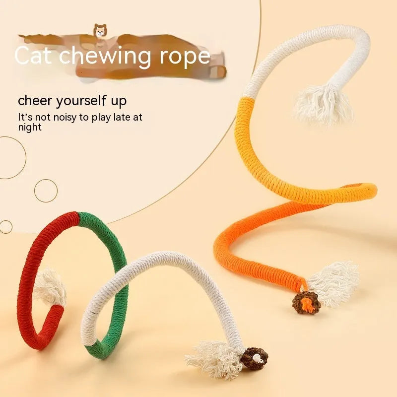 Cat bite rope toy made from cotton thread in orange quality grade with teaser stick design