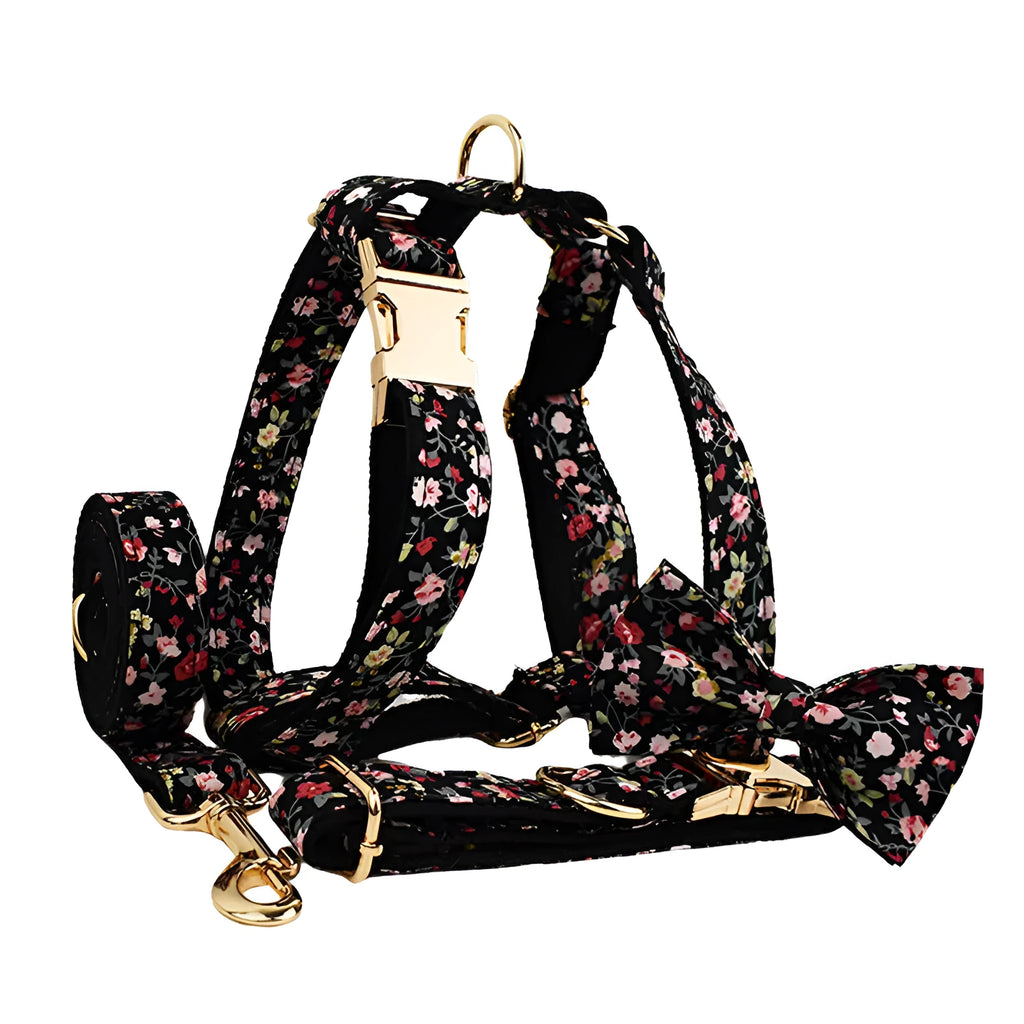 Four-piece removable bow lettering printed pet collar set showing dog collar, leash, bow, and vest in a chosen colour.